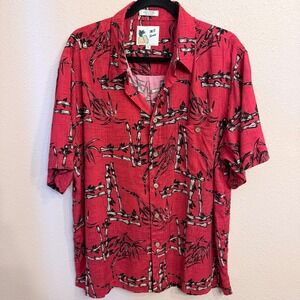 M.E. Sport Mens XL Red Bamboo Tropical Rayon Short Sleeve Button Down Shirt